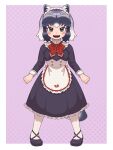 1girl alternate_costume an-chan_(ananna0315) animal_ears apron black_dress black_footwear blush bow bowtie brown_eyes collar commentary common_raccoon_(kemono_friends) dress enmaided fangs frilled_apron frilled_collar frilled_cuffs frilled_dress frills full_body grey_hair high_collar highres japari_symbol kemono_friends kemono_friends_3 long_sleeves looking_at_viewer maid maid_headdress multicolored_hair official_alternate_costume open_mouth pantyhose raccoon_ears raccoon_girl raccoon_tail red_bow red_bowtie short_hair sleeve_cuffs solo symbol-only_commentary tail white_apron white_hair white_pantyhose 