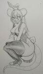  2022 anthro artist_name big_breasts blush blush_lines breasts clothed clothing crouching embarrassed female graphite_(artwork) hair hi_res legwear long_hair mammal monochrome onigiriad pencil_(artwork) playboy_bunny playboy_outfit rodent sketch solo thigh_highs traditional_media_(artwork) 
