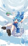  2girls blue_bow blue_dress blue_eyes blue_hair blue_sky bow circled_9 cirno cirno_day cloud cloudy_sky daiyousei dress fairy fairy_wings frilled_skirt frills green_hair hair_bow highres ice ice_cube ice_wings multiple_girls neck_ribbon open_mouth outdoors ponytail puffy_short_sleeves puffy_sleeves red_ribbon ribbon shirt shoes short_hair short_sleeves side_ponytail skirt sky socks touhou white_shirt wings yellow_bow yui_(daijun) 