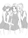  4girls :d ^_^ asakura_toru bangs bangs_pinned_back bare_arms bare_shoulders blush_stickers breasts closed_eyes forehead fukumaru_koito greyscale hair_bun hands_on_another&#039;s_shoulders highres higuchi_madoka ichikawa_hinana idolmaster idolmaster_shiny_colors misaki_nonaka monochrome multiple_girls noctchill_(idolmaster) one-piece_swimsuit parted_bangs simple_background sketch small_breasts smile swimsuit white_background 
