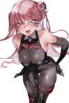  1girl absurdres bangs bare_shoulders black_gloves black_thighhighs blush boots breasts elbow_gloves gloves hair_bun heterochromia highres hololive houshou_marine kiyomasa_(dangan) large_breasts long_hair looking_at_viewer open_mouth pink_hair red_eyes simple_background smile thigh_boots thighhighs thighs virtual_youtuber white_background yellow_eyes 