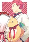  1boy alternate_costume border bouquet buttons character_doll closed_mouth commentary_request doll dragonite flower grey_eyes highres holding holding_doll jacket lance_(pokemon) long_sleeves male_focus necktie pokemon pokemon_(game) pokemon_hgss red_flower red_hair red_necktie red_ribbon ribbon shirt short_hair upper_body white_border white_jacket y_(036_yng) 