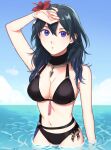  1girl absurdres arm_up bikini black_bikini blue_eyes blue_hair blue_sky blush breasts byleth_(fire_emblem) byleth_(fire_emblem)_(female) cleavage cloud cloudy_sky commentary cowboy_shot dagger day fire_emblem fire_emblem:_three_houses fire_emblem_heroes flower hair_between_eyes hair_flower hair_ornament hand_on_own_head hibiscus highres jewelry knife lips long_hair looking_at_viewer medium_breasts navel ocean official_alternate_costume outdoors parted_lips peach11_01 pendant puckered_lips ribbon ripples sheath sheathed sky solo standing stomach swimsuit tassel wading water weapon wet wet_hair wrist_ribbon 