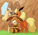  2016 absurd_res arth_the_flareon belly colored cream_the_lopunny ears_down eeveelution embrace female feral flareon fluffy fluffy_tail fur generation_1_pokemon generation_2_pokemon generation_4_pokemon grass group hi_res looking_at_viewer lopunny male male/female nintendo one_eye_closed open_mouth open_smile pawpads paws pivoted_ears plant pokemon pokemon_(species) raised_paw rock sentret shaded siansaar smile socks_the_sentret standing standing_on_tail trio video_games wall_(structure) white_pawpads white_toes window wink 