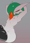  absurd_res female fir3born flat_chested gardevoir generation_3_pokemon green_hair hair hi_res humanoid navel nintendo nipples pokemon pokemon_(species) raised_arms red_eyes simple_background solo thigh_highs_only video_games white_body 