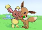  2015 absurd_res arth_the_eevee blush bow_ribbon buneary colored cream_the_buneary duo eevee embrace female feral generation_1_pokemon generation_4_pokemon grass hi_res hug male male/female nintendo nuzzling one_eye_closed outside paws plant pokemon pokemon_(species) pond rock scarf shaded siansaar standing video_games waterfall wink 