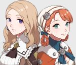  2girls alternate_hairstyle annette_fantine_dominic ascot bangs blush braid breasts brown_ascot brown_dress cape cleavage closed_mouth commentary dress earrings fire_emblem fire_emblem:_three_houses fire_emblem_warriors:_three_hopes frills fur-trimmed_cape fur_trim green_eyes grey_background hair_rings head_scarf highres jewelry light_brown_hair lips looking_at_viewer medium_breasts medium_hair mercedes_von_martritz multiple_girls official_alternate_costume official_alternate_hairstyle orange_cape orange_hair parted_bangs parted_lips peach11_01 purple_eyes side-by-side simple_background smile swept_bangs turtleneck twitter_username upper_body 