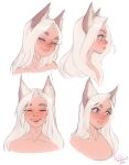 1girl animal_ears blue_eyes body_freckles completely_nude facing_viewer fox_ears freckles highres losse_(personal_ami) multiple_views nude orange_eyes original parted_lips personal_ami portrait profile signature simple_background smile white_background white_hair 