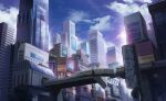  blue_sky building city cityscape cloud commentary_request day ground_vehicle highres kuroneko_(hmilk) no_humans original outdoors reflection ruins scenery sky skyscraper train wreckage 