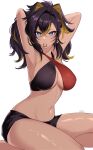 1girl absurdres animal_ears armpits arms_behind_head arms_up bangs bare_arms black_hair blonde_hair blue_eyes breasts criss-cross_halter crossed_bangs dark-skinned_female dark_skin dehya_(genshin_impact) genshin_impact hair_between_eyes hair_tie_in_mouth halterneck highres large_breasts looking_at_viewer looking_back mouth_hold multicolored_hair navel sakotach simple_background sitting solo stomach streaked_hair thighs white_background 