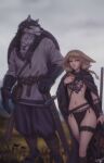  1boy 1girl animal_ears artist_name bangs belt blue_eyes blurry blurry_background body_fur braid brown_eyes cloak couple day digitigrade earrings einar_(personal_ami) fantasy flat_chest fox_ears fox_tail furry furry_male furry_with_non-furry grey_fur height_difference hetero highres interspecies jewelry khiara_(personal_ami) light_brown_hair naked_cloak original outdoors overcast pelvic_curtain pendant personal_ami sheath sheathed shield short_hair snout sword tail thick_thighs thigh_strap thighs uncensored vambraces walking weapon werewolf wide_hips wolf_ears wooden_shield 