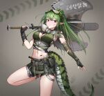  1girl absurdres arknights asymmetrical_gloves axe bangs bare_shoulders black_gloves black_shorts breasts brown_eyes chun_bae cleavage crocodilian_tail crop_top elbow_gloves fingerless_gloves gavial_(arknights) gavial_the_invincible_(arknights) gloves green_hair grey_background hand_up highres holding holding_axe holding_weapon long_hair looking_at_viewer medium_breasts midriff navel oripathy_lesion_(arknights) ponytail short_shorts shorts solo standing standing_on_one_leg stomach tail thighs weapon 