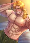  1boy abs absurdres arm_behind_head bangs bed blonde_hair blush clenched_teeth commentary_request commission cowboy_shot cropped dated green_eyes green_pants hand_up highres kageru_(mofnyan) looking_at_viewer male_focus mature_male muscular muscular_male nervous nipples on_bed original pants parted_bangs scar scar_on_cheek scar_on_face sideburns signature sitting skeb_commission solo teeth topless_male 