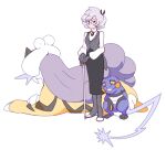  1girl aged_up anabel_(pokemon) black_gloves black_skirt cane closed_eyes croagunk glasses gloves grey_hair hair_bun holding holding_cane looking_at_viewer mature_female pencil_skirt pokemon pokemon_(creature) pokemon_(game) pokemon_sm purple_eyes raikou simple_background skirt smile sweater turtleneck turtleneck_sweater vergolophus 