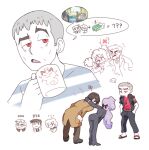  ... 1girl 2boys anabel_(pokemon) black_hair blush bowing coffee_mug cup embarrassed grey_hair hands_in_pockets long_hair looker_(pokemon) mature_male meowth mug multiple_boys pokemon pokemon_(game) pokemon_sm purple_eyes purple_hair red_eyes sandals speech_bubble trench_coat vergolophus 