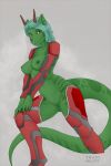  2:3 absurd_res anthro armor breasts diana_digma dragon facial_horn female genitals green_body green_scales hair hi_res horn nipples nude pussy scales scalie smile solo traditional_media_(artwork) tram15vay 