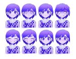  1boy angry blush bright_pupils closed_eyes closed_mouth collarbone colored_skin crying crying_with_eyes_open expressions facing_viewer grin highres kbs_omo kel_(omori) looking_at_viewer omori parted_lips pout pouty_lips purple_eyes purple_hair sad short_hair simple_background smile tears teeth white_background white_pupils white_skin 