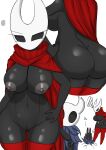  absurd_res annoyed anthro areola big_breasts big_butt biped black_body breasts butt cleft_of_venus cloak clothing duo female front_view hand_on_hip hi_res hollow_knight hornet_(hollow_knight) legwear looking_at_viewer navel nipples protagonist_(hollow_knight) rear_view simple_background size_difference team_cherry text thigh_highs vessel_(species) video_games white_background wide_hips woebeeme 