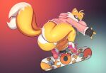  anthro balls big_butt boots butt canid canine clothing eyewear footwear fox genitals glasses gloves handwear hi_res hoodie huge_butt looking_at_viewer male mammal miles_prower penis sega simple_background skateboard solo sonic_the_hedgehog_(series) thick_thighs topwear trashdrawy 