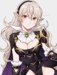  1girl armored_leotard black_hairband black_leotard black_thighhighs breasts brooch cleavage closed_mouth commentary corrin_(fire_emblem) corrin_(fire_emblem)_(female) cowboy_shot detached_sleeves fire_emblem fire_emblem_fates fire_emblem_heroes frilled_sleeves frills gem green_gemstone grey_background grey_hair groin hair_between_eyes hairband highleg highleg_leotard highres jewelry leotard long_hair looking_at_viewer medium_breasts official_alternate_costume peach11_01 pointy_ears red_eyes simple_background smile solo thighhighs thighs twitter_username 