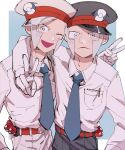  2boys akamtvahosi arms_around_neck belt black_headwear blue_necktie brothers dress_shirt emmet_(pokemon) gloves grey_eyes grey_hair hat highres ingo_(pokemon) long_sideburns long_sleeves male_focus multiple_boys necktie one_eye_closed open_mouth peaked_cap poke_ball pokemon pokemon_(game) pokemon_bw red_belt shirt short_hair siblings sideburns smile twins v white_gloves white_headwear white_shirt 