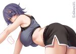  ... 1girl all_fours alternate_costume ass bent_over blush breasts ebifurya eyepatch hanging_breasts kantai_collection large_breasts looking_at_viewer looking_back navel purple_hair short_hair shorts side_slit solo spoken_ellipsis stomach tank_top tenryuu_(kancolle) thighs twitter_username white_background yellow_eyes 