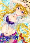  1girl alternate_costume alto2019 bikini blonde_hair bow breasts cleavage earrings front-tie_top hair_between_eyes hat highres jewelry long_hair looking_at_viewer lying navel necklace on_back purple_bikini purple_eyes see-through shirt solo swimsuit tied_shirt touhou very_long_hair yakumo_yukari 