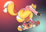  anthro balls big_butt boots butt canid canine clothing eyewear footwear fox genitals glasses gloves handwear hi_res hoodie huge_butt looking_at_viewer male mammal miles_prower penis sega simple_background skateboard solo sonic_the_hedgehog_(series) thick_thighs topwear trashdrawy 
