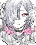  1boy black_choker choker closed_mouth diamond-shaped_pupils diamond_(shape) grey_background grey_hair hair_over_one_eye highres horns indie_virtual_youtuber looking_at_viewer male_focus multicolored_eyes multicolored_hair purple_hair red_eyes red_hair rit3set simple_background sketch solo symbol-shaped_pupils upper_body virtual_youtuber yellow_eyes 