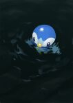  afloat bird blue_eyes bright_pupils dark from_above highres no_humans piplup pokemon pokemon_(creature) rend solo water white_pupils 