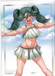 1girl absurdres bangs bare_arms bare_shoulders bikini bikini_skirt blush breasts cloud collarbone green_eyes green_hair highres long_hair looking_at_viewer medium_breasts navel open_mouth outstretched_arms pokemon pokemon_(game) pokemon_legends:_arceus sabi_(pokemon) scan simple_background skirt sky smile solo spread_arms stomach swimsuit takecha teeth thighs twintails 