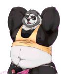  2022 anthro belly big_belly black_body black_nose bodily_fluids clothed clothing facial_piercing genital_fluids genitals giant_panda hi_res itazura_igen male mammal moobs navel nipples nose_piercing nose_ring overweight overweight_male penis piercing precum raised_clothing raised_shirt raised_topwear ring_piercing shirt solo topwear ursid white_body 