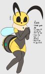  antennae_(anatomy) anthro armwear arthropod arthropod_abdomen bee biped clothed clothing elbow_gloves female front_view gloves grey_background grey_clothing handwear hymenopteran insect insect_wings legwear leotard looking_at_viewer neck_tuft simple_background solo solo_focus text thigh_highs tuft wings woebeeme yellow_body 