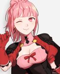  1girl ;) alternate_hair_length alternate_hairstyle armor black_cape blush breasts cape center_opening cleavage closed_mouth commentary corset dress earrings fire_emblem fire_emblem:_three_houses fire_emblem_warriors:_three_hopes gloves grey_background highres hilda_valentine_goneril hoop_earrings jacket jewelry looking_at_viewer medium_breasts medium_hair official_alternate_costume official_alternate_hairstyle one_eye_closed peach11_01 pink_dress pink_eyes pink_hair ponytail red_gloves red_jacket shoulder_armor shrug_(clothing) simple_background smile solo twitter_username underbust upper_body 
