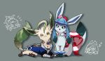  adaman_(pokemon) adaman_(pokemon)_(cosplay) anklet aqua_eyes blue_coat bright_pupils brown_eyes closed_mouth coat collar commentary_request cosplay glaceon grey_background hairband irida_(pokemon) irida_(pokemon)_(cosplay) jewelry leafeon mozu_(teluto) notice_lines pokemon pokemon_(creature) red_hairband sash smile waist_cape white_pupils 