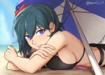  1girl beach beach_umbrella bikini black_bikini blue_eyes blue_hair breasts byleth_(fire_emblem) byleth_(fire_emblem)_(female) closed_mouth commentary crossed_arms day fire_emblem fire_emblem:_three_houses fire_emblem_heroes flower hair_flower hair_ornament hibiscus highres large_breasts looking_at_viewer lying official_alternate_costume on_stomach outdoors peach11_01 short_hair sideboob smile solo string_bikini swimsuit twitter_username umbrella upper_body wet 