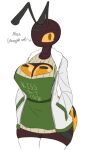  ant antennae_(anatomy) anthro apron arthropod arthropod_abdomen big_breasts biped breasts brown_body cleavage_cutout clothing coat female honeypot_ant hymenopteran insect legwear simple_background solo sweater text thigh_highs topwear white_background woebeeme yellow_eyes 
