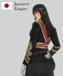  1girl ass black_hair flag gloves glowing glowing_eyes gun handgun hearts_of_iron highres huge_ass imperial_japanese_army japanese_flag kaiserreich long_sleeves looking_at_viewer looking_back military military_uniform personification red_eyes solo uniform unitedprovinces weapon 