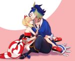  1boy 1girl adaman_(pokemon) anklet bangs blonde_hair blue_coat blue_hair blush closed_eyes closed_mouth coat collar collarbone commentary_request earrings eyebrow_cut from_side green_hair hairband hand_wraps highres irida_(pokemon) jewelry mozu_(teluto) pokemon pokemon_(game) pokemon_legends:_arceus ponytail red_footwear red_hairband red_shirt sash shirt shoes shorts smile strapless strapless_shirt waist_cape white_shorts 