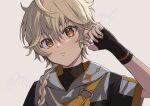  1boy aether_(genshin_impact) alternate_costume black_gloves blonde_hair braid earrings fingerless_gloves genshin_impact gloves hood hoodie jewelry male_focus miryoryo9 orange_eyes single_braid yellow_eyes 