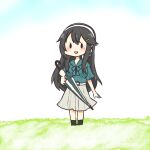  1girl black_hair blue_sky cloud commentary_request green_shirt hairband haruna_(kancolle) holding holding_umbrella kantai_collection karin. long_hair long_skirt official_alternate_costume pleated_skirt shirt skirt sky solid_oval_eyes solo standing umbrella white_hairband white_skirt 