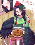  1girl absurdres black_hair black_wings braid breasts commission eating feathered_wings food fork glass_table glasses hair_ornament harpy highres karasu_tengu_(monster_girl_encyclopedia) monster_girl monster_girl_encyclopedia multiple_views open_mouth pointy_ears red_eyes round_eyewear second-party_source sitting skeb_commission spoon stew sweater table togenomaru twin_braids wings 