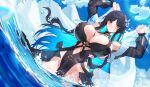  1girl arms_up bangs bare_shoulders black_hair black_jacket black_one-piece_swimsuit blue_hair blue_sky blush breasts brown_eyes cleavage colored_inner_hair cropped_jacket flower hair_flower hair_ornament highleg highleg_swimsuit highres jacket large_breasts long_hair long_sleeves looking_at_viewer multicolored_hair navel ocean off_shoulder one-piece_swimsuit open_clothes open_jacket original sidelocks sky solo swimsuit two-tone_hair wading water wet xiujia_yihuizi 