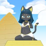  2022 3_fingers anthro black_body black_ears black_fur black_pupils black_tail blue_eyes blue_sky breasts cleavage clothed clothing cloud egyptian eyebrows felid feline female fingers fur hair hi_res mammal midriff navel pose pupils pyramid sky sum 