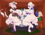  2022 abc_kogen_dairy animal_print anthro big_breasts big_butt black_body black_fur blue_body blue_eyes blue_fur blush bodily_fluids bovid bovine breasts breath butt canid canine cattle clothed clothing cloven_hooves cow_print cow_print_thighhighs digital_media_(artwork) ear_tag erection erection_pushing_underwear erection_under_clothing female fox fur furniture genital_fluids genitals group hair head_grab hi_res holding_breast holstein_friesian_cattle hooves horn huge_breasts inside juzztie kerchief kerchief_only kin_dairy lactaid lactaid_cow lamp larger_female legwear male male/female mammal mascot mostly_nude neckerchief neckerchief_only nude open_mouth print_clothing print_underwear pussy pussy_juice roflfox sitting size_difference smaller_male sofa stool straddling thigh_highs trio underwear white_body white_fur white_hair 