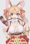  1girl animal_costume animal_ear_fluff animal_ears belt bow bowtie breasts brown_eyes brown_hair cat_ears cat_girl cat_tail don3 kemono_friends kemono_friends_v_project large-spotted_genet_(kemono_friends) large_breasts long_hair looking_at_viewer multicolored_hair open_mouth ribbon shirt simple_background skirt smile solo tail twintails virtual_youtuber 