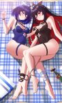  2girls absurdres aircell bangs bare_shoulders barefoot black_hair black_one-piece_swimsuit black_ribbon blanket blue_eyes blue_hair blue_one-piece_swimsuit blush bottle breast_grab breasts cleavage day glass_bottle grabbing hair_between_eyes hair_ribbon hand_up highres homu_(honkai_impact) honkai_(series) honkai_impact_3rd long_hair looking_at_viewer lying medium_breasts multicolored_hair multiple_girls on_side outdoors parted_lips plaid red_eyes red_hair ribbon seele_(alter_ego) seele_vollerei seele_vollerei_(stygian_nymph) smile swimsuit thigh_strap two-tone_hair unmoving_pattern very_long_hair white_ribbon 