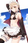  1girl apron arm_up artoria_pendragon_(alter_swimsuit_rider)_(fate) artoria_pendragon_(fate) bikini black_thighhighs blonde_hair blue_sky cloud fate/grand_order fate_(series) highres hizuki_higure holding holding_mop looking_at_viewer maid maid_apron maid_bikini maid_headdress mop short_hair sky solo stomach swimsuit thighhighs yellow_eyes 