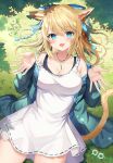  1girl animal_ears avatar_(ff14) bangs bare_legs blonde_hair blue_bow blue_eyes blush bow breasts cat_ears cat_tail cleavage coat commentary_request dandelion dress earrings facial_mark final_fantasy final_fantasy_xiv flower grass green_coat hair_bow hair_up hands_up highres jewelry large_breasts looking_at_viewer lying miqo&#039;te necklace on_back open_clothes open_coat open_mouth outdoors ponytail retsuto shadow smile spaghetti_strap tail tree white_dress 