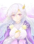  1girl bangs cape deirdre_(fire_emblem) dress fire_emblem fire_emblem:_genealogy_of_the_holy_war fire_emblem_heroes hair_between_eyes hand_on_own_chest highres light_purple_hair long_hair long_sleeves looking_at_viewer official_alternate_costume purple_cape purple_eyes smile solo twitter_username upper_body very_long_hair yuurifeh 